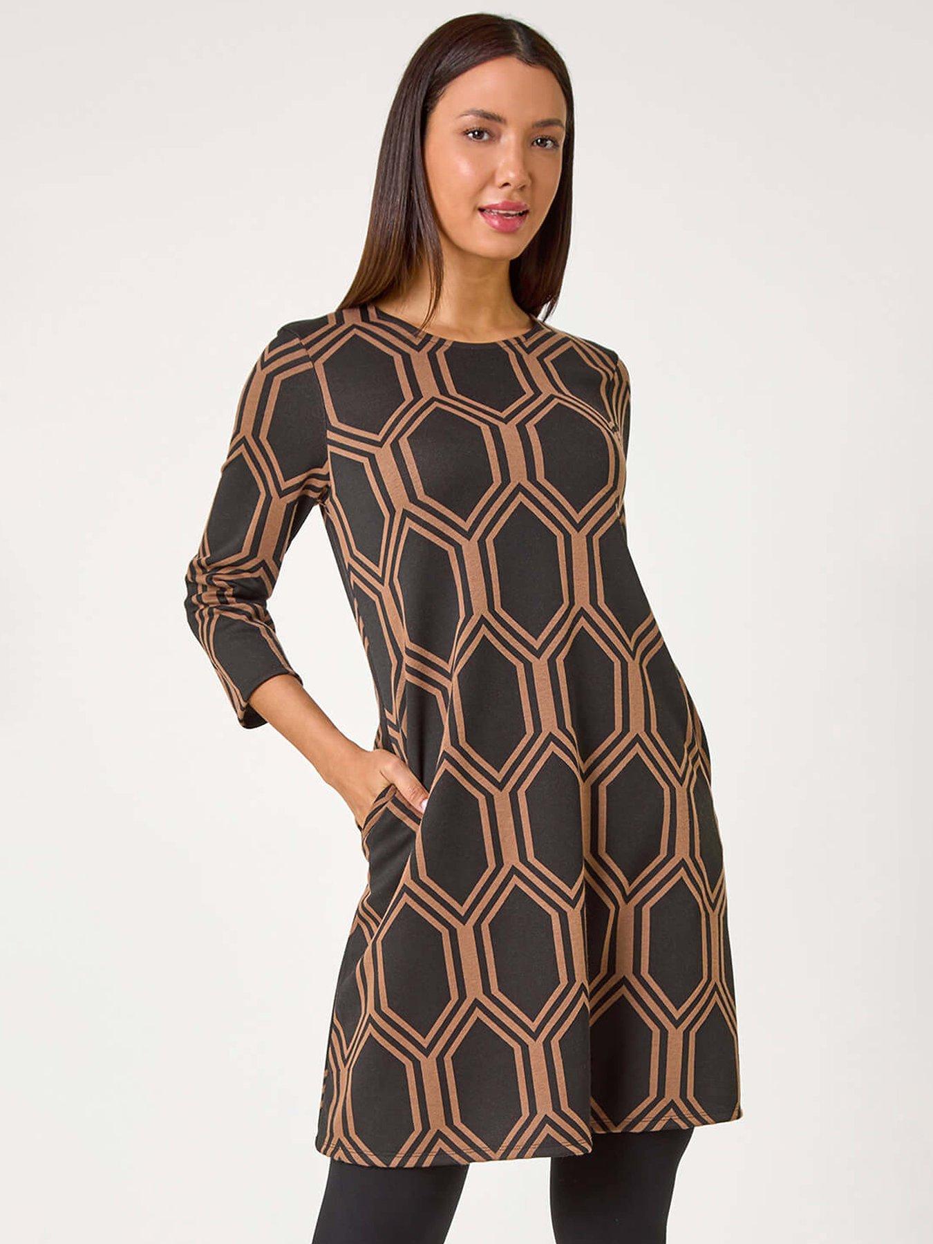 Roman Geometric Jacquard Stretch Dress - Tan