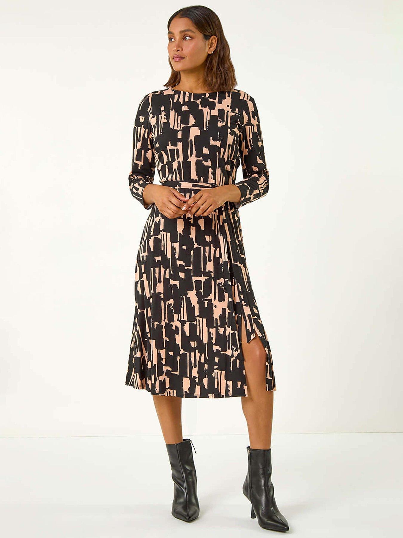 Roman Stretch Abstract Belted Dress - Black