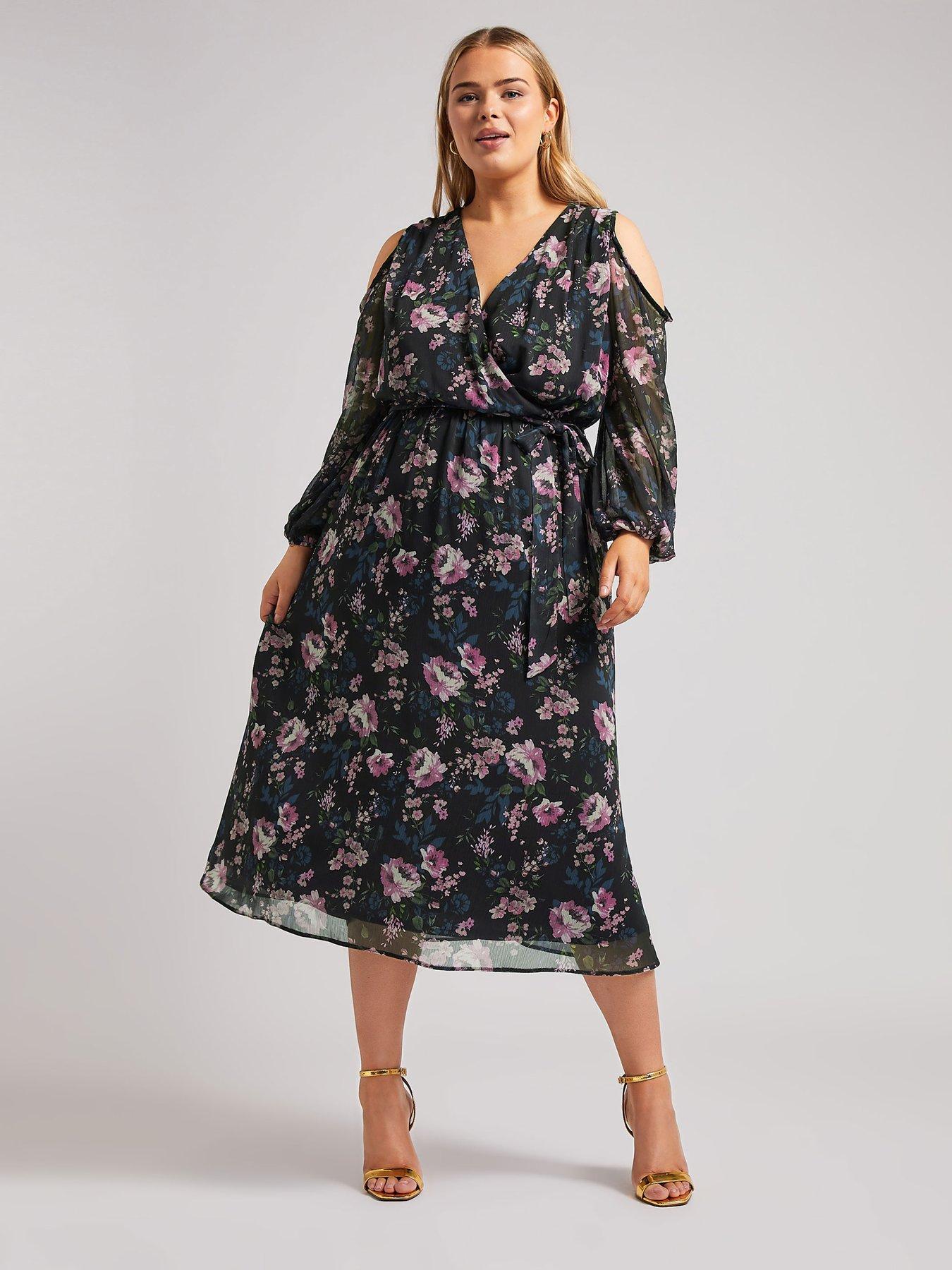 yours-curve-floral-cold-shoulder-wrap-dress-black