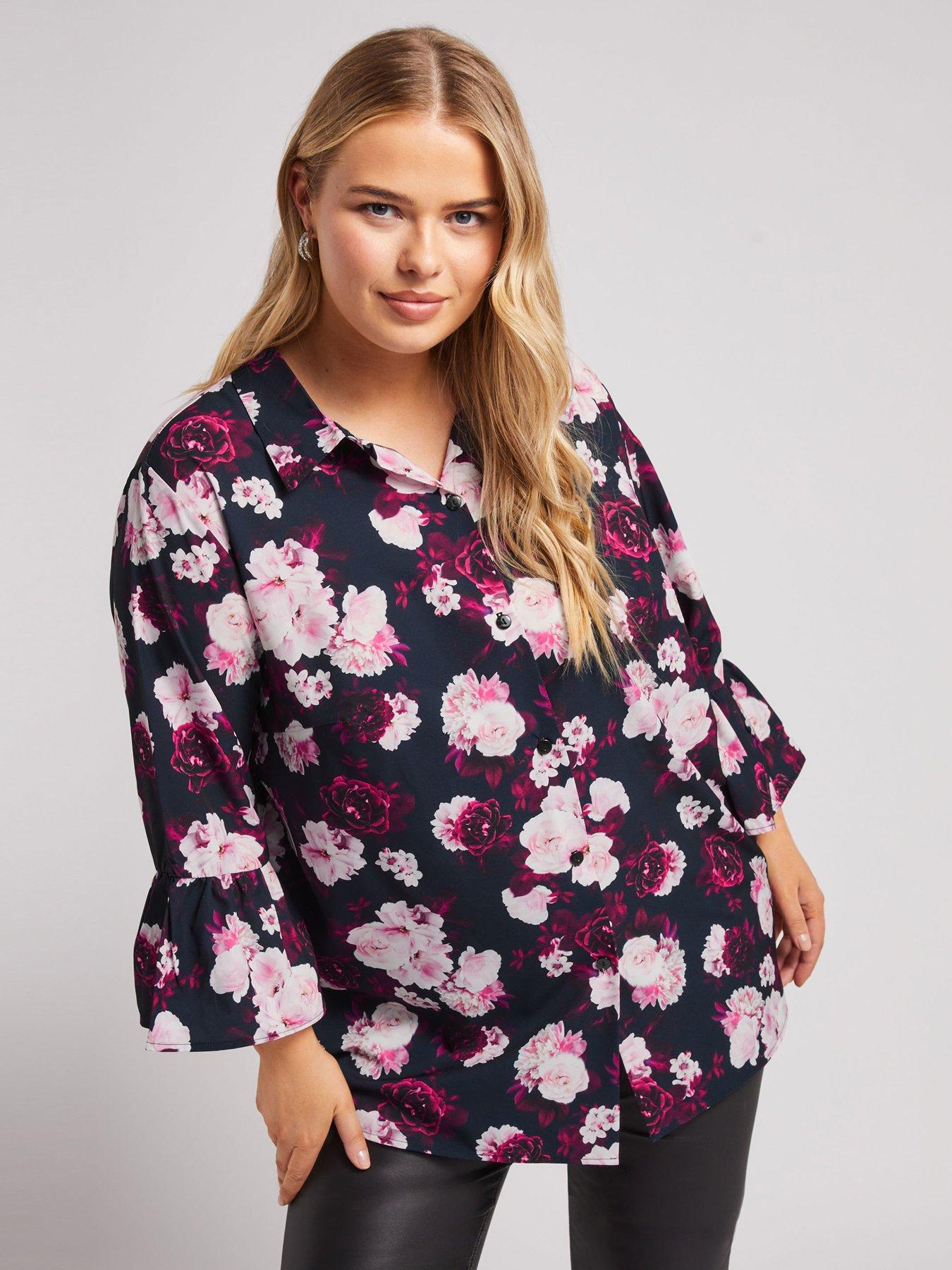 yours-curve-floral-ruffle-sleeve-shirt-black