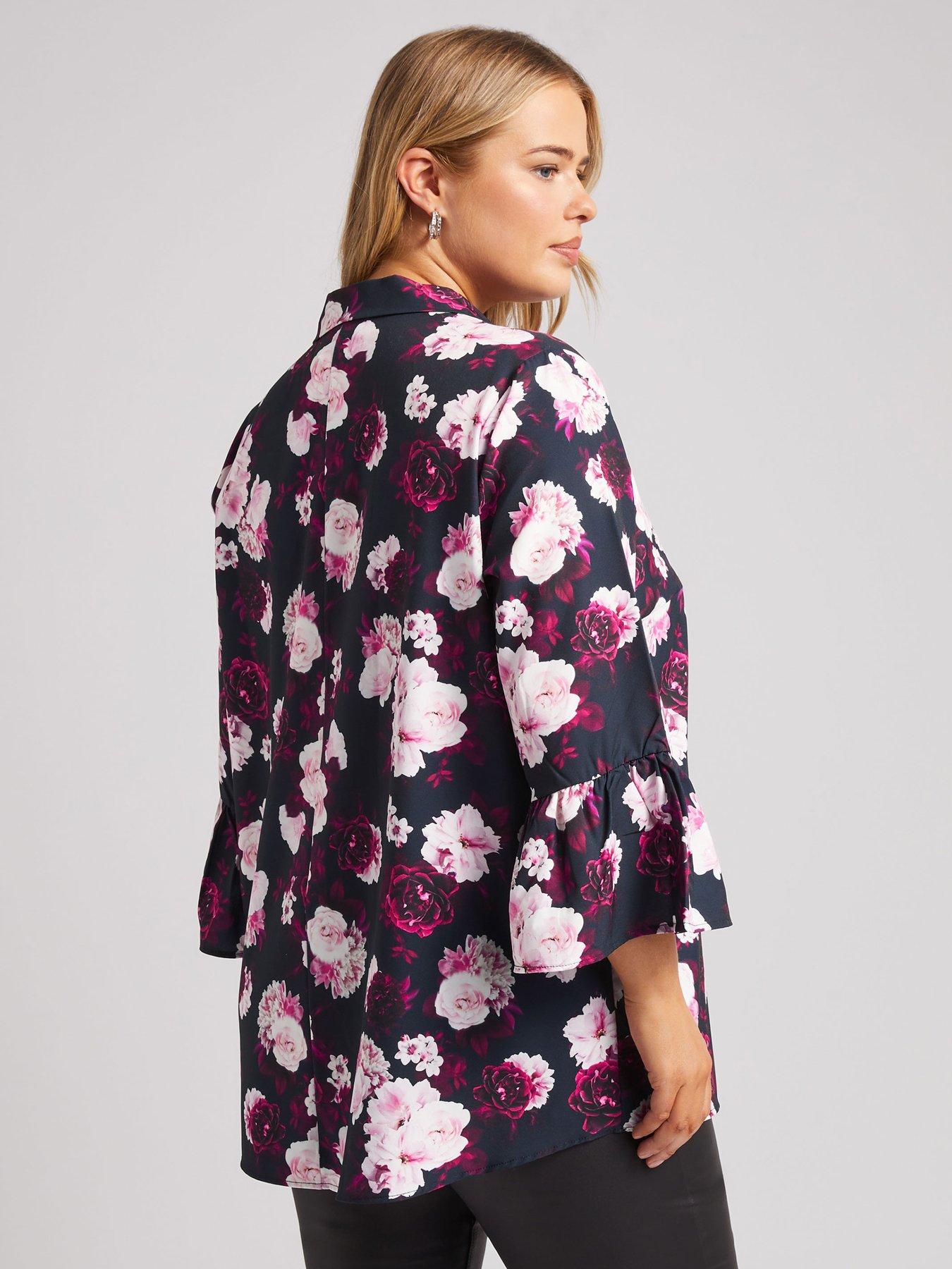 yours-curve-floral-ruffle-sleeve-shirt-blackstillFront