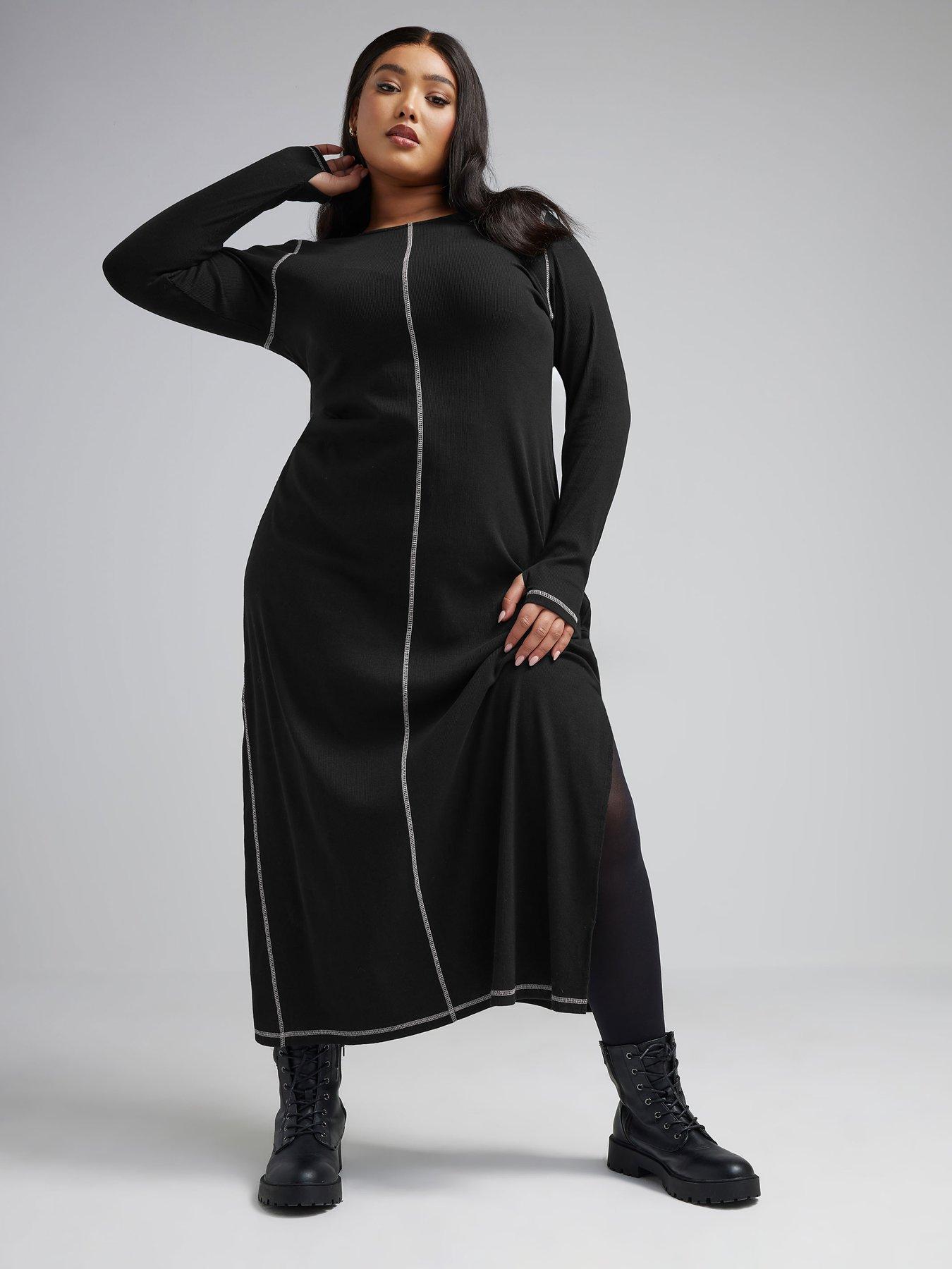 yours-curve-long-sleeve-contrast-stitch-dress-blackfront