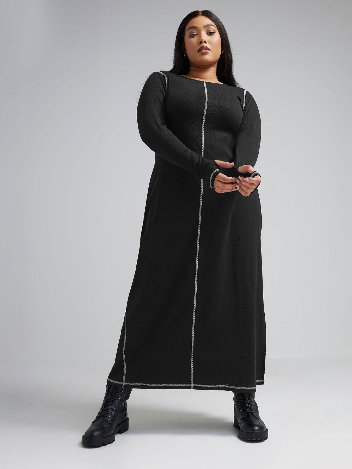 yours-curve-long-sleeve-contrast-stitch-dress-blackback