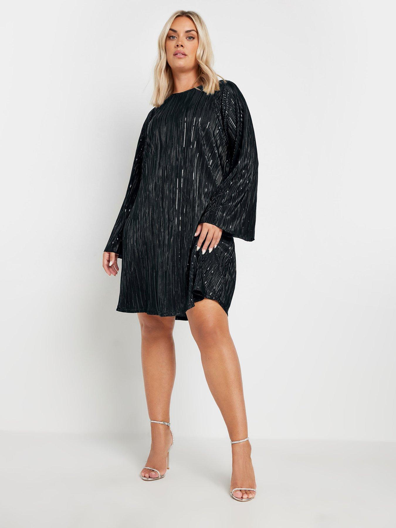 yours-curve-flute-sleeve-plisse-dress-black