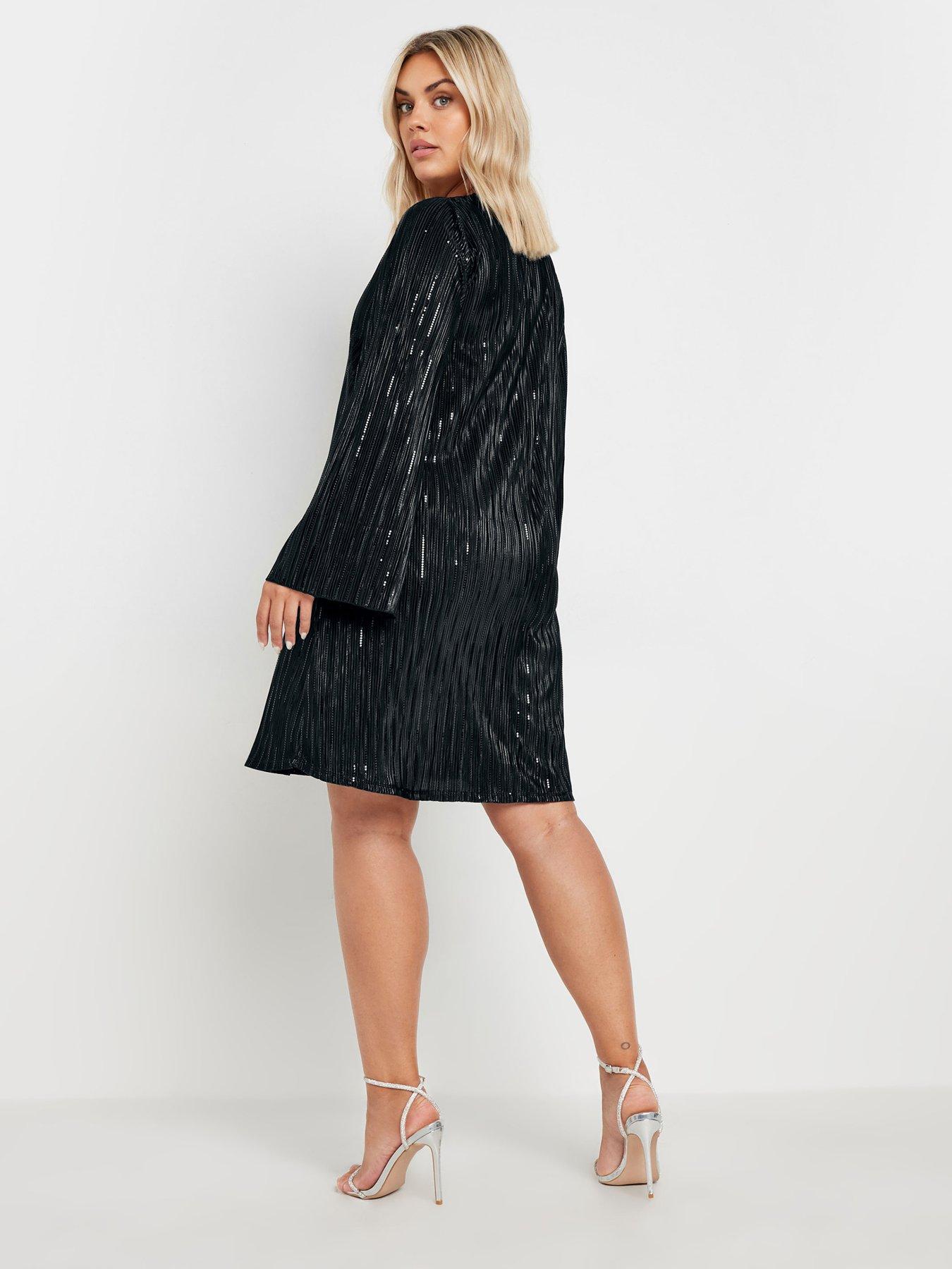 yours-curve-flute-sleeve-plisse-dress-blackstillFront