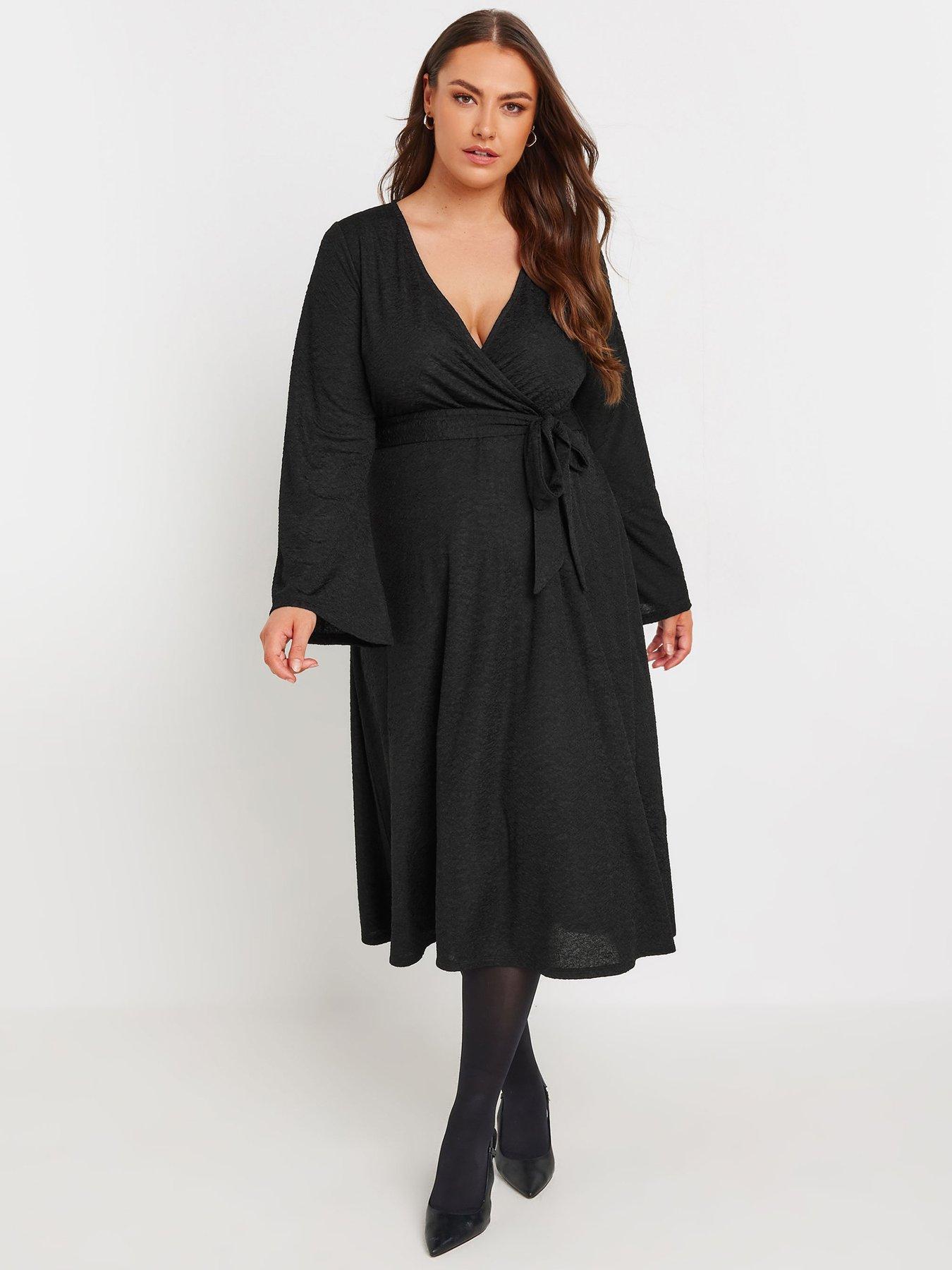 yours-curve-wrap-flare-sleeve-textured-dress-black