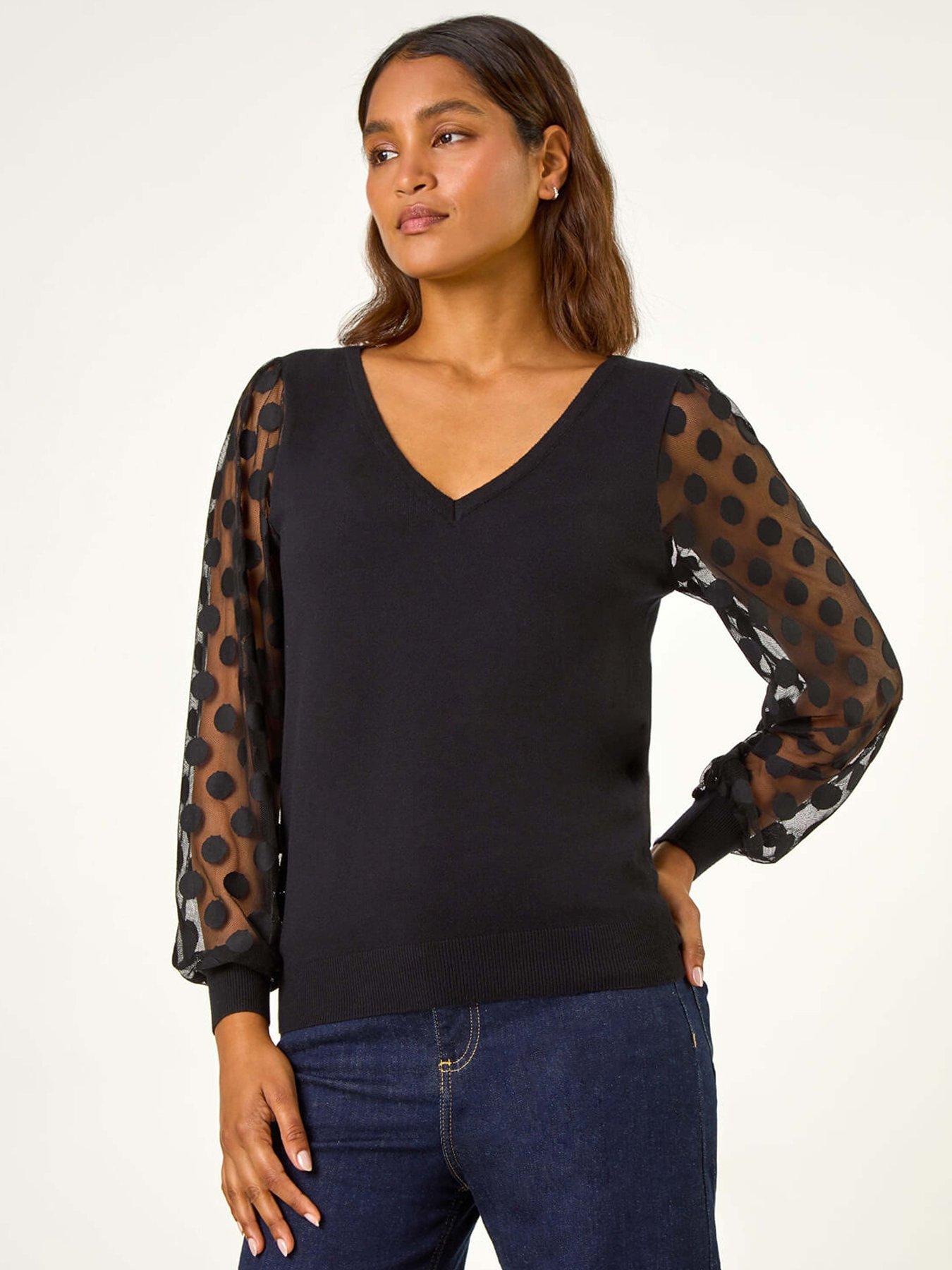 Roman Polka Dot V-neck Sleeve Knit Jumper - Black