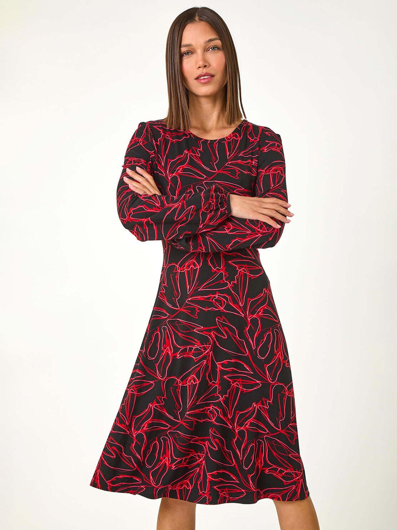 Roman Leaf Print Stretch Tea Dress - Red