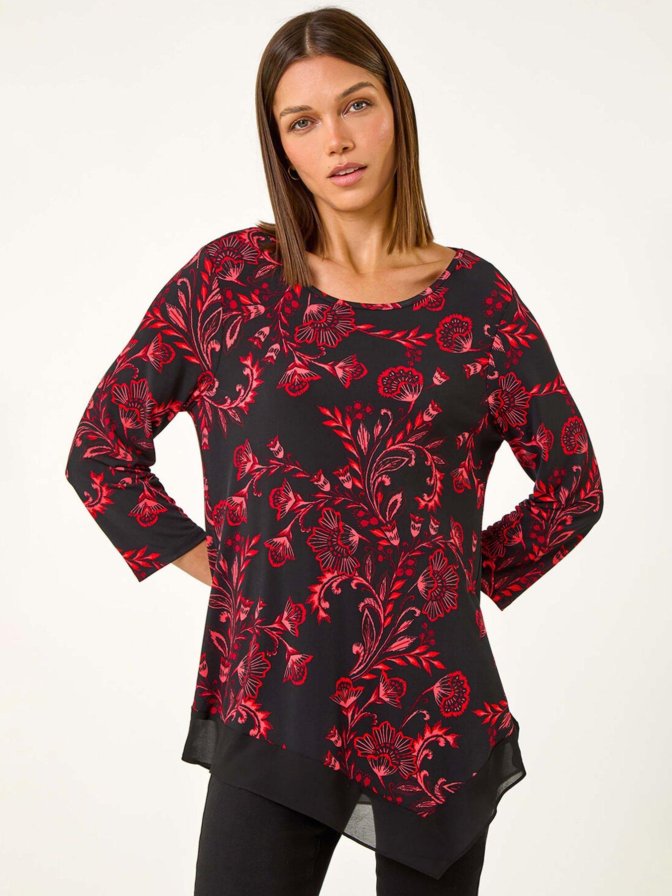 roman-floral-print-chiffon-hem-stretch-top-red