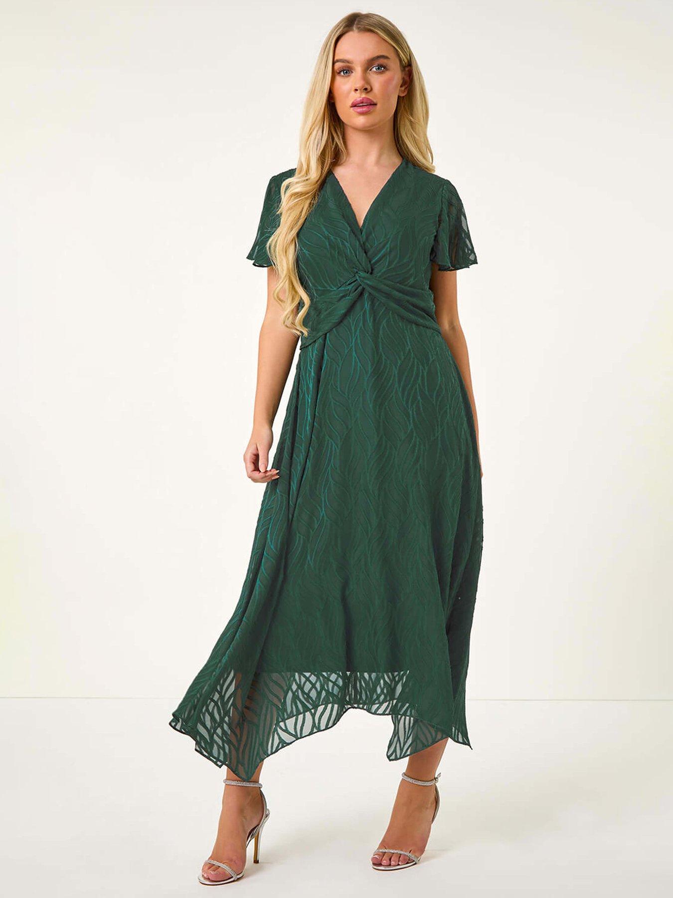 Roman Petite Front Twist Jacquard Dress - Green