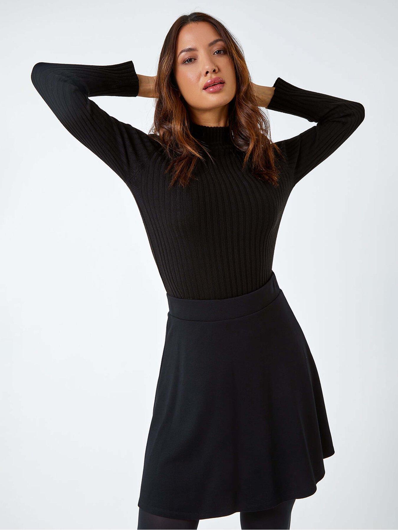 Image 4 of 5 of Roman Elastic Waist Stretch A Line Skater Skirt - Black