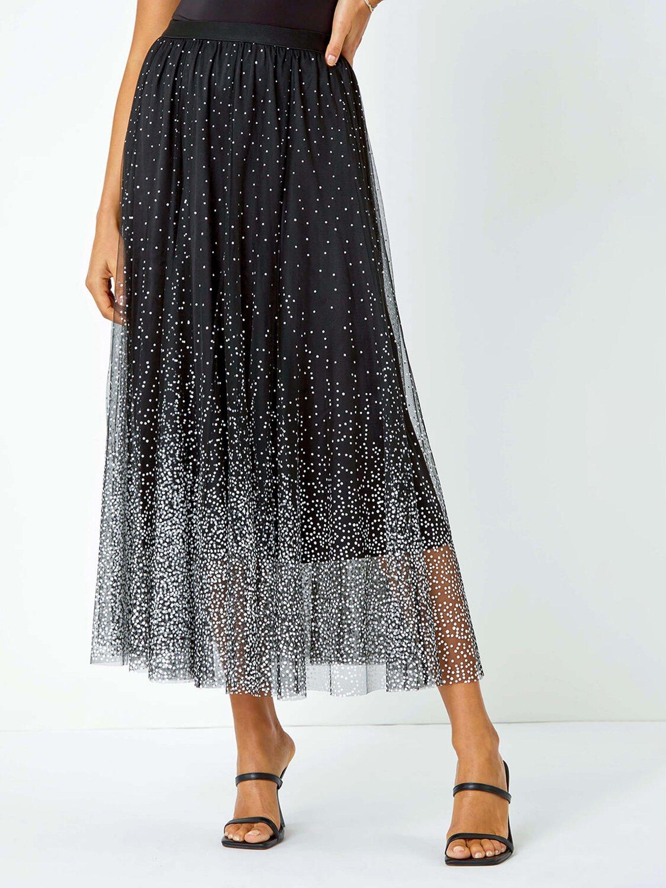 roman-polka-dot-print-elasticated-mesh-skirt-black