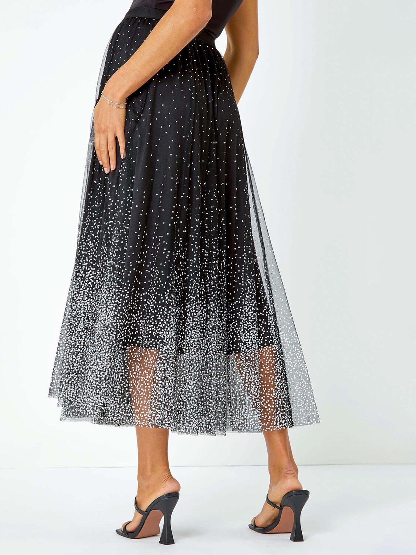 roman-polka-dot-print-elasticated-mesh-skirt-blackstillFront