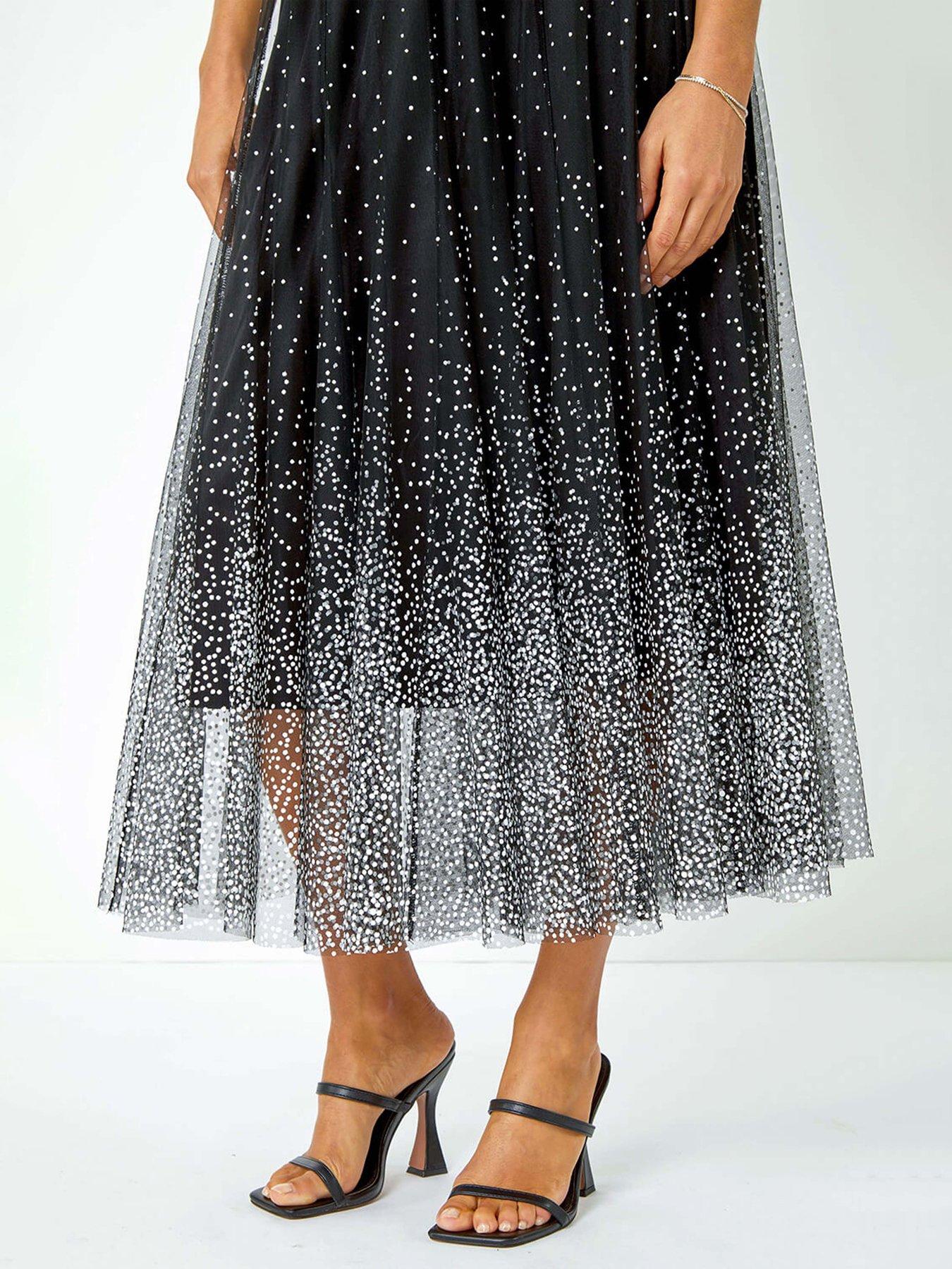 roman-polka-dot-print-elasticated-mesh-skirt-blackoutfit