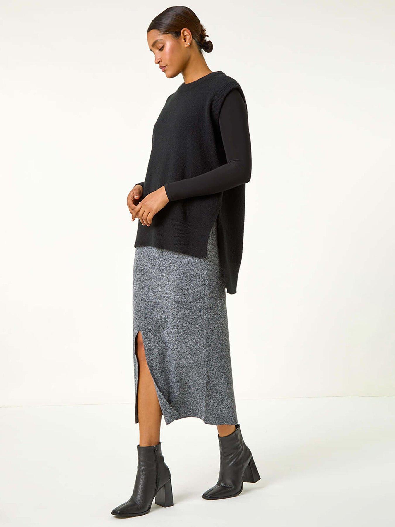 Image 3 of 4 of Roman Front Split Knitted Midi Skirt - Grey