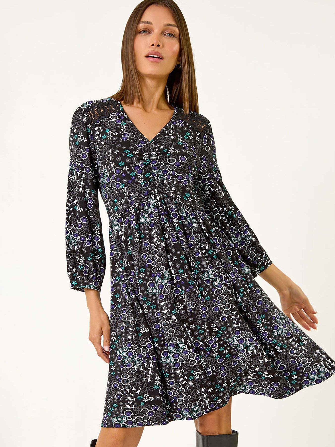 Roman Floral Print Lace Trim Stretch Dress - Blue