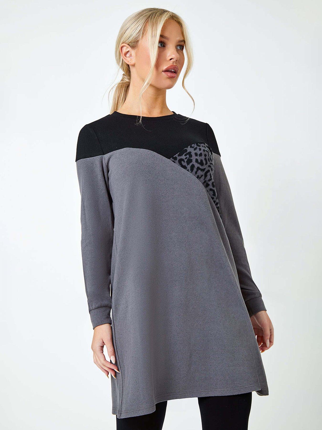 Roman Petite Animal Colour Block Knit Dress - Dark Grey