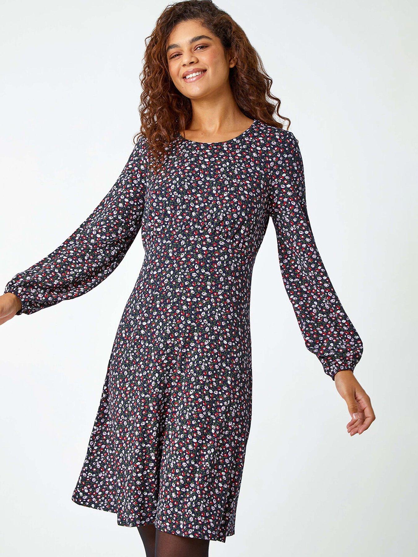 Roman Ditsy Floral Print Stretch Dress - Navy