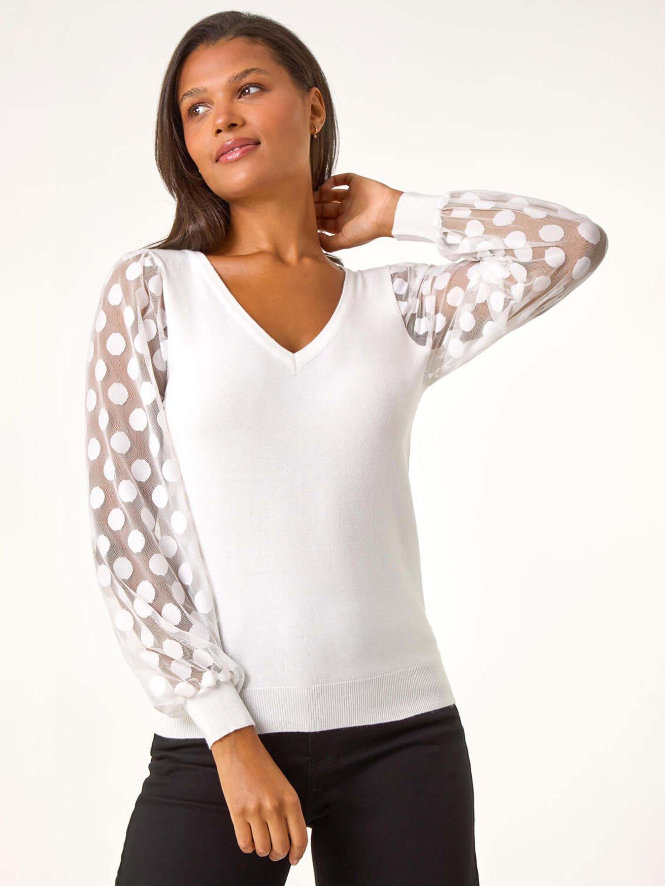 Roman Polka Dot V-neck Sleeve Knit Jumper - Ivory