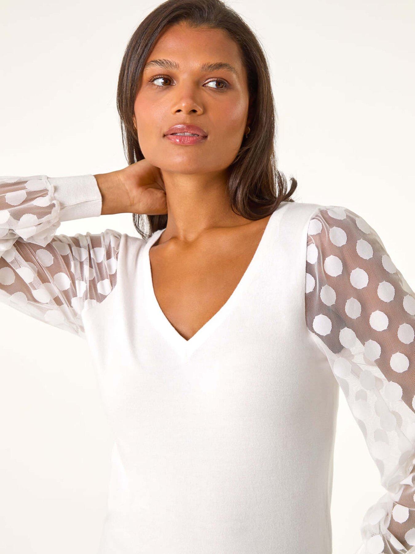 roman-polka-dot-v-neck-sleeve-knit-jumper-ivoryoutfit