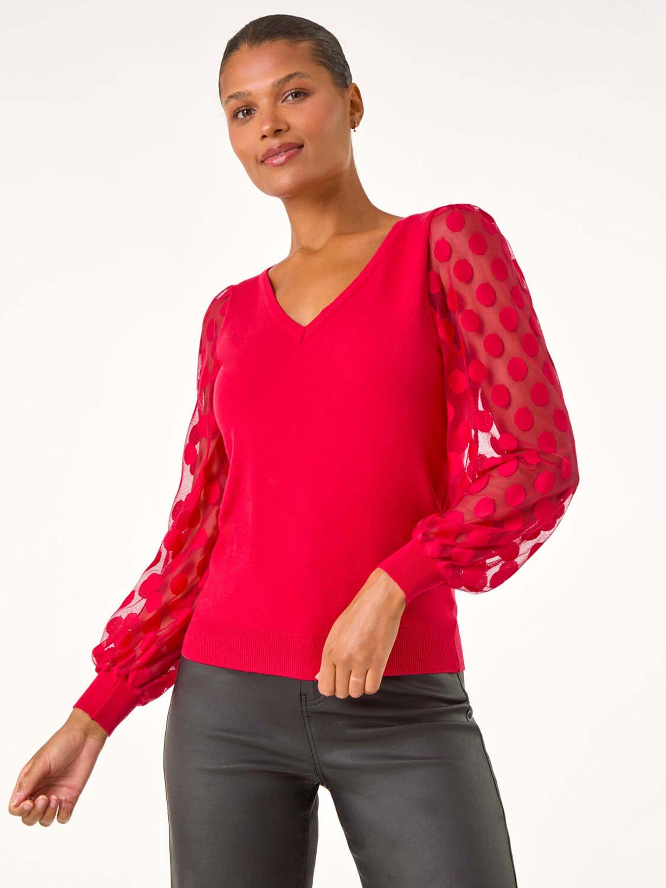 Roman Polka Dot V-neck Sleeve Knit Jumper - Red