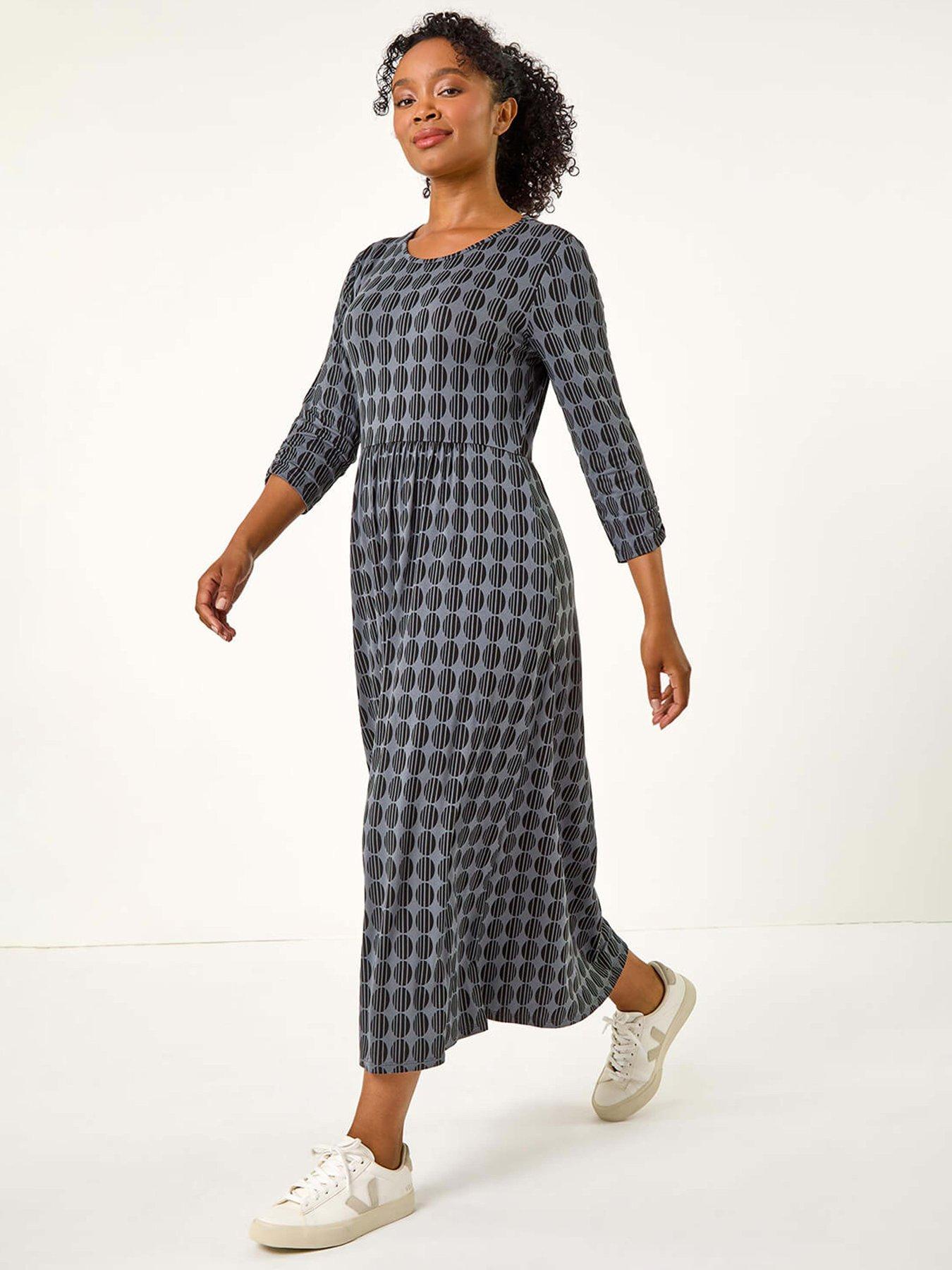 roman-petite-geometric-spot-midi-dress-greyfront