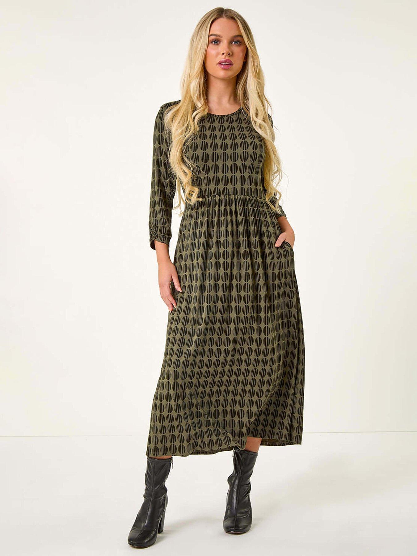 roman-petite-geometric-spot-midi-dress-khaki