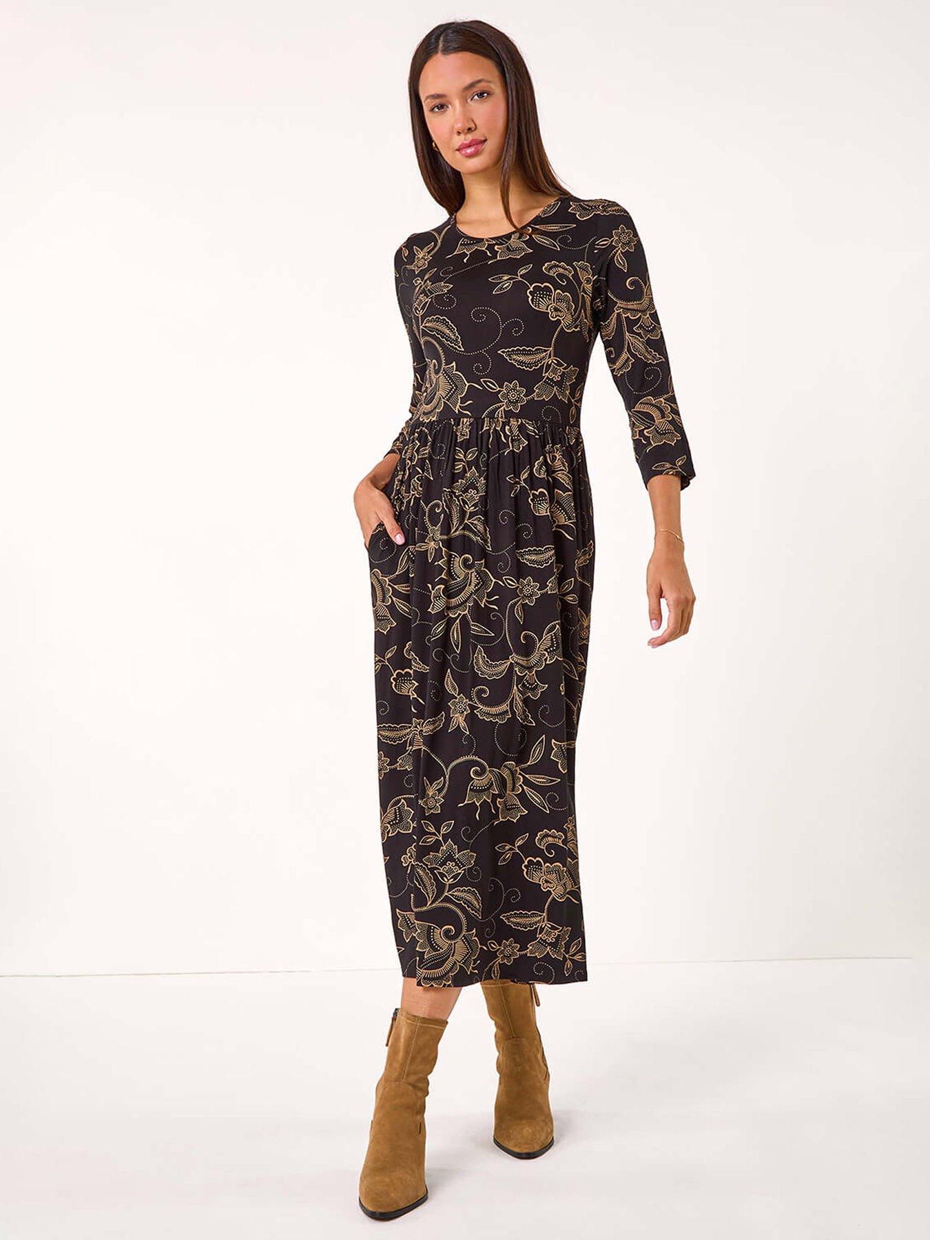 Roman Paisley Pocket Stretch Midi Dress - Tan