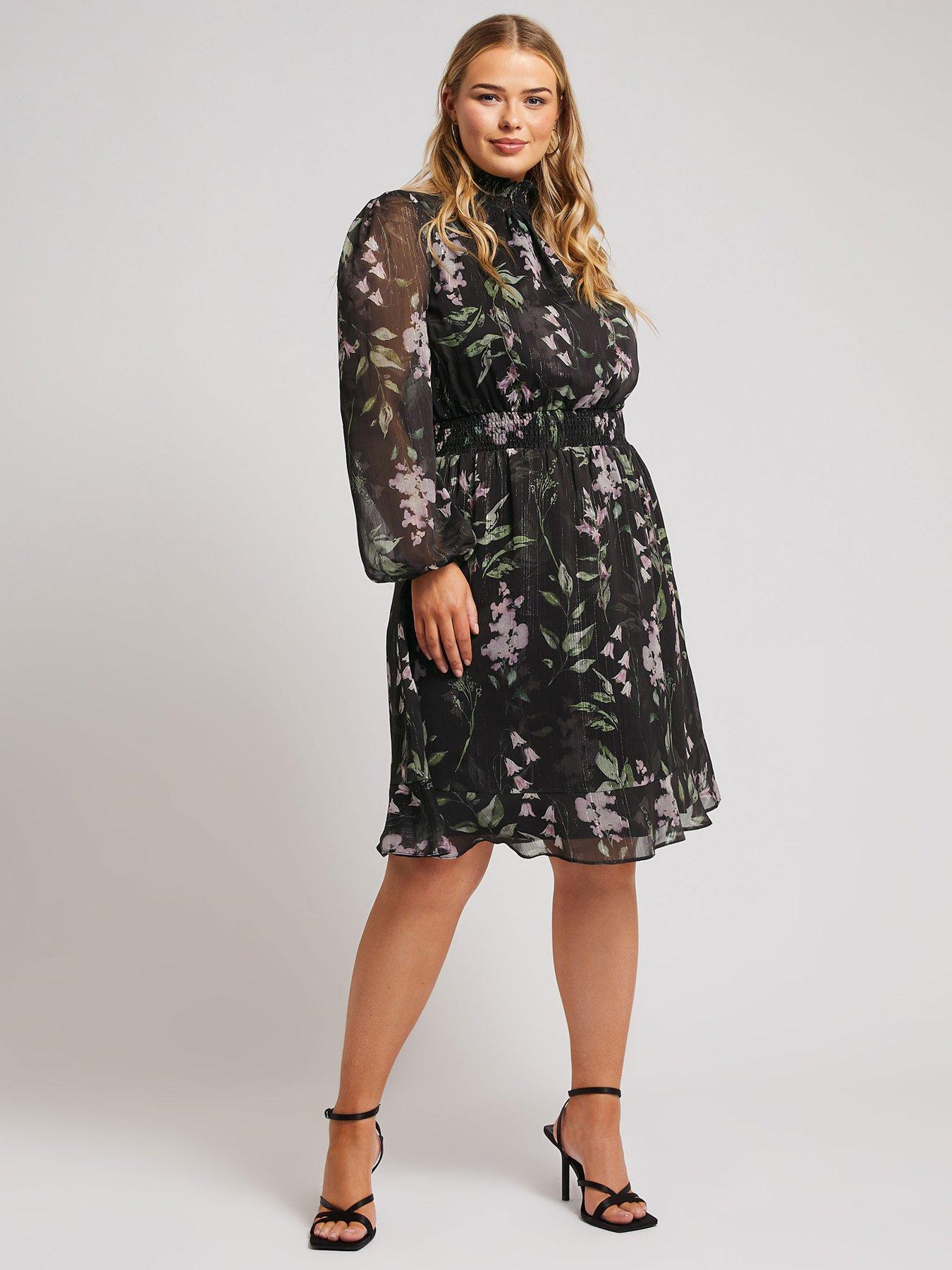 yours-curve-shirred-large-floral-knee-length-dress-black