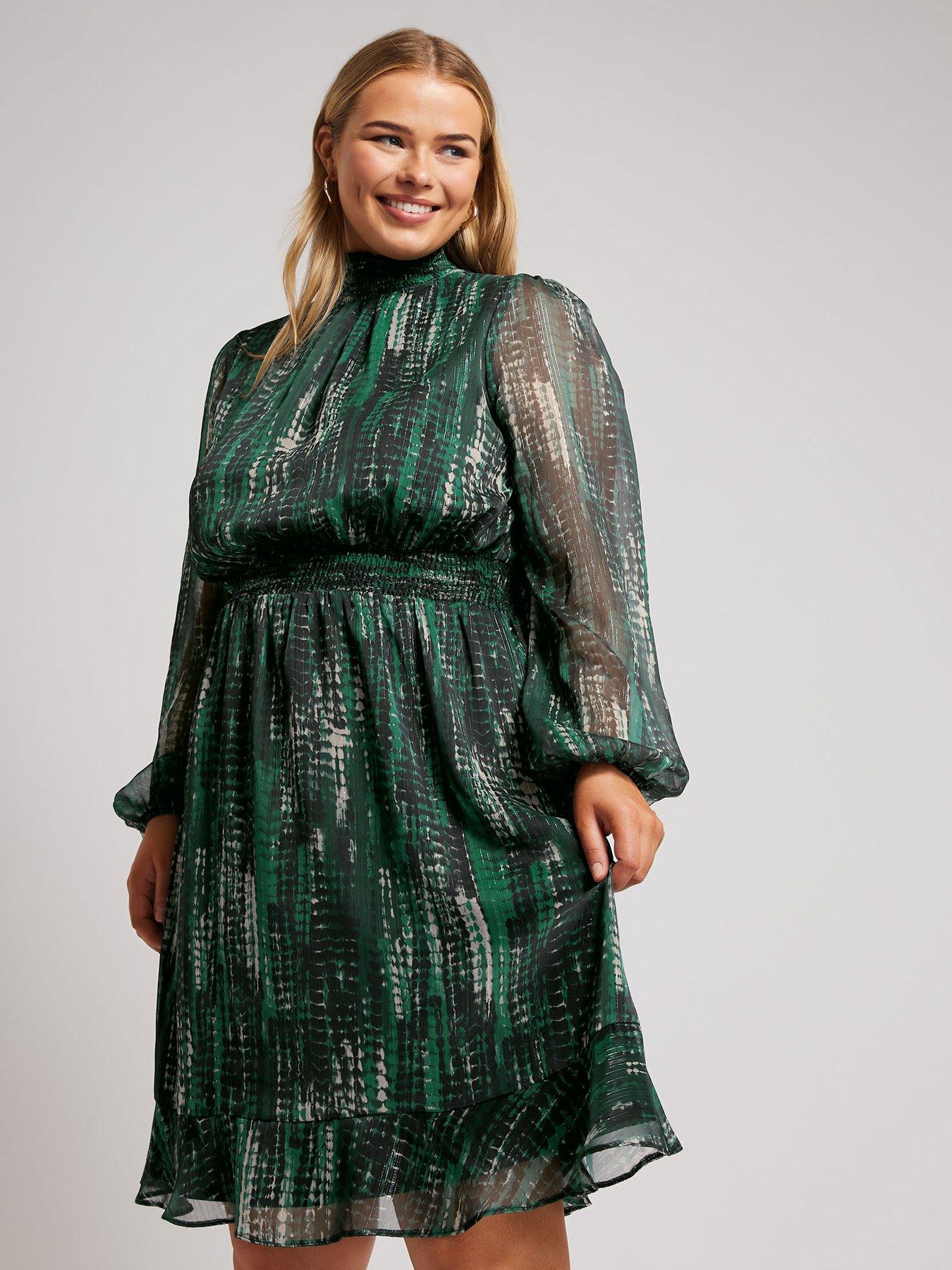 yours-curve-abstract-shirred-waist-collar-dress-green