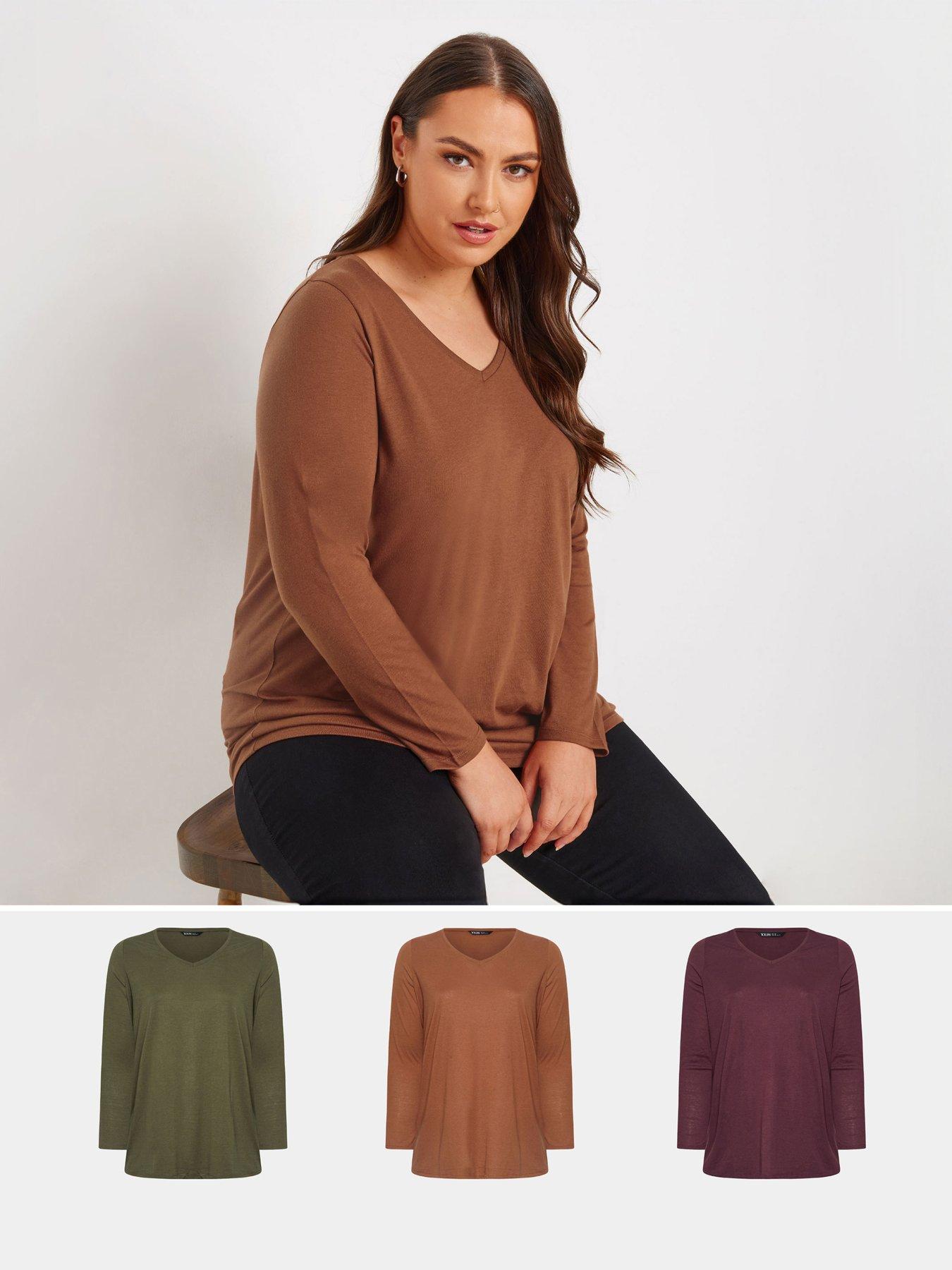 Image of Yours Curve Core Long Sleeve 3 Pack T-shirt - Multi