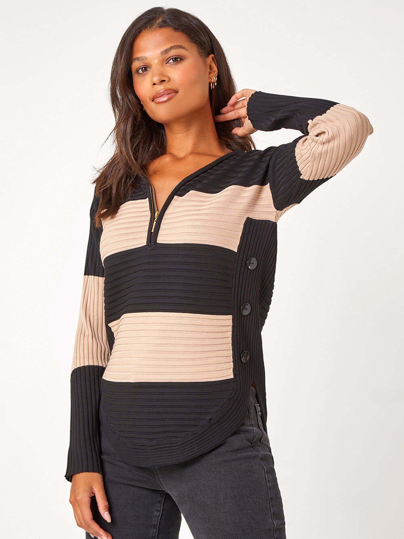 Roman Cotton Blend Stripe Zip Knit Jumper - Beige