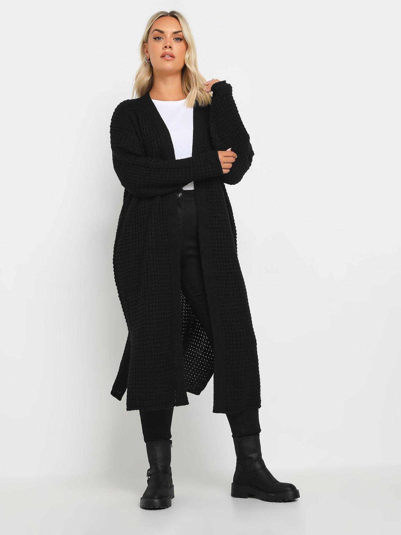 Image of Yours Curve Waffle Knit Maxi Cardigan - Black