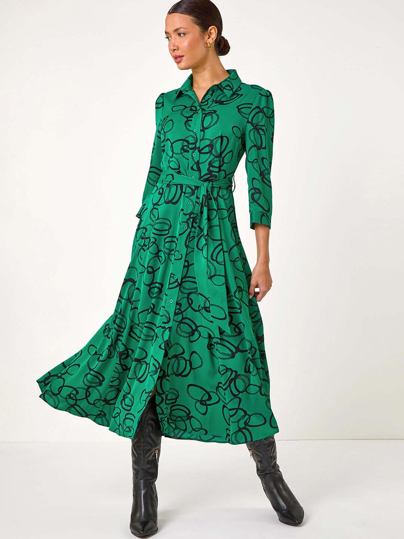 Roman Abstract Circle Print Midi Shirt Dress - Green
