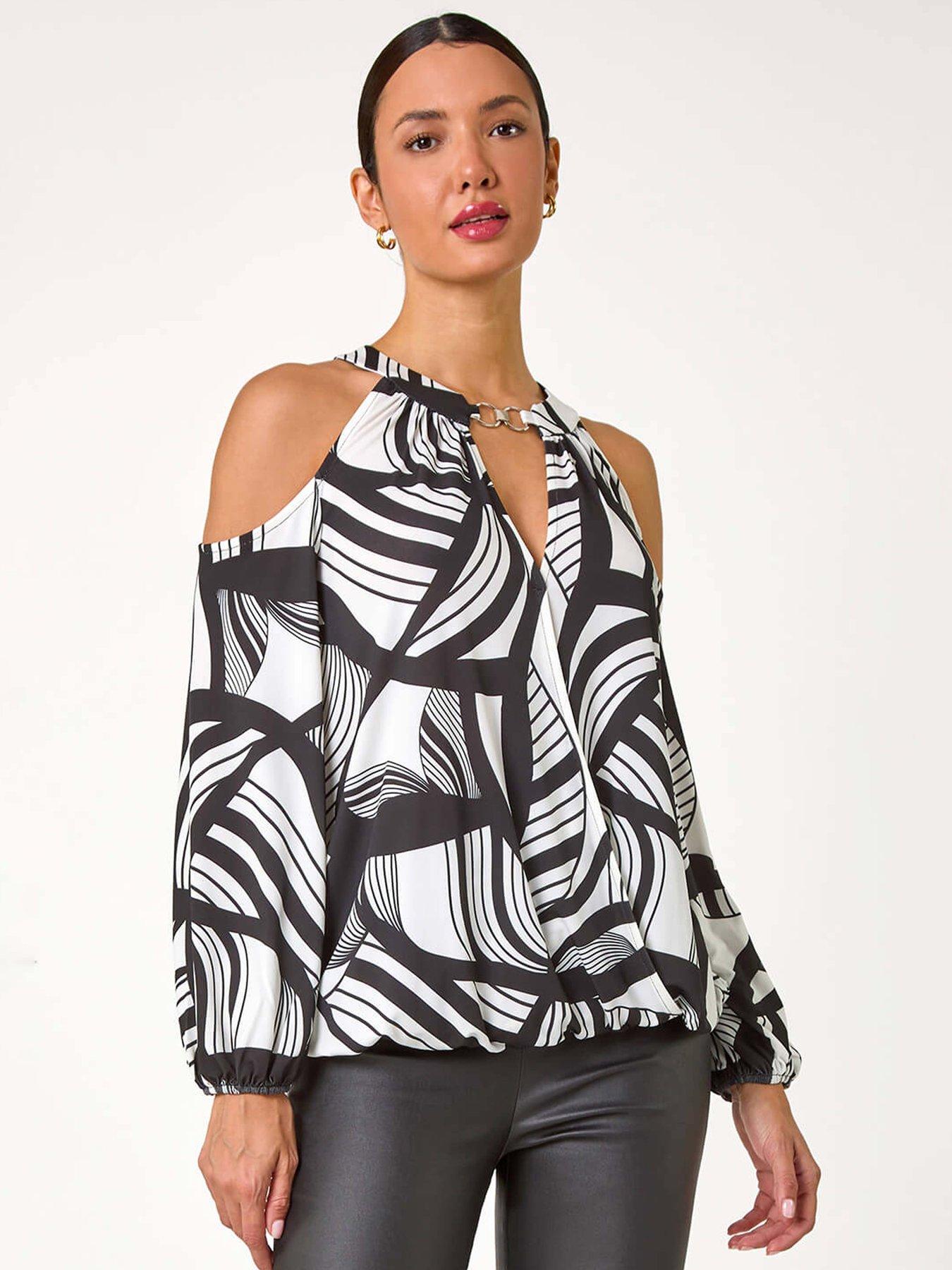 roman-abstract-print-cold-shoulder-stretch-top-ivory