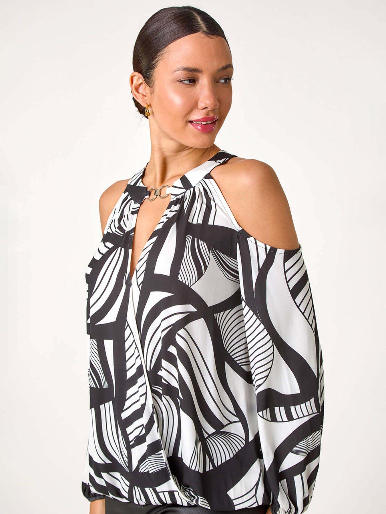 roman-abstract-print-cold-shoulder-stretch-top-ivoryoutfit