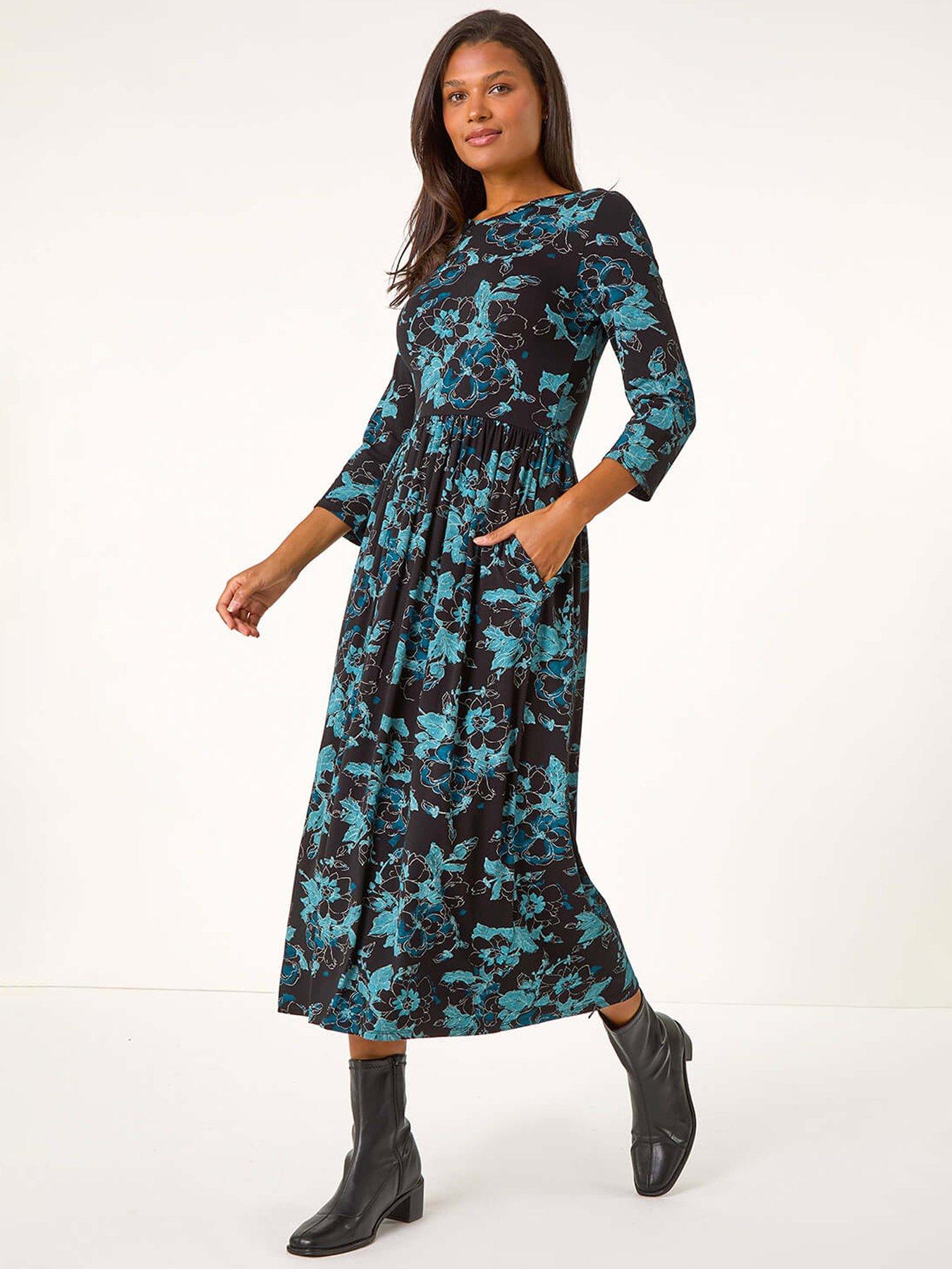 Roman Floral Print Gathered Stretch Midi Dress - Blue