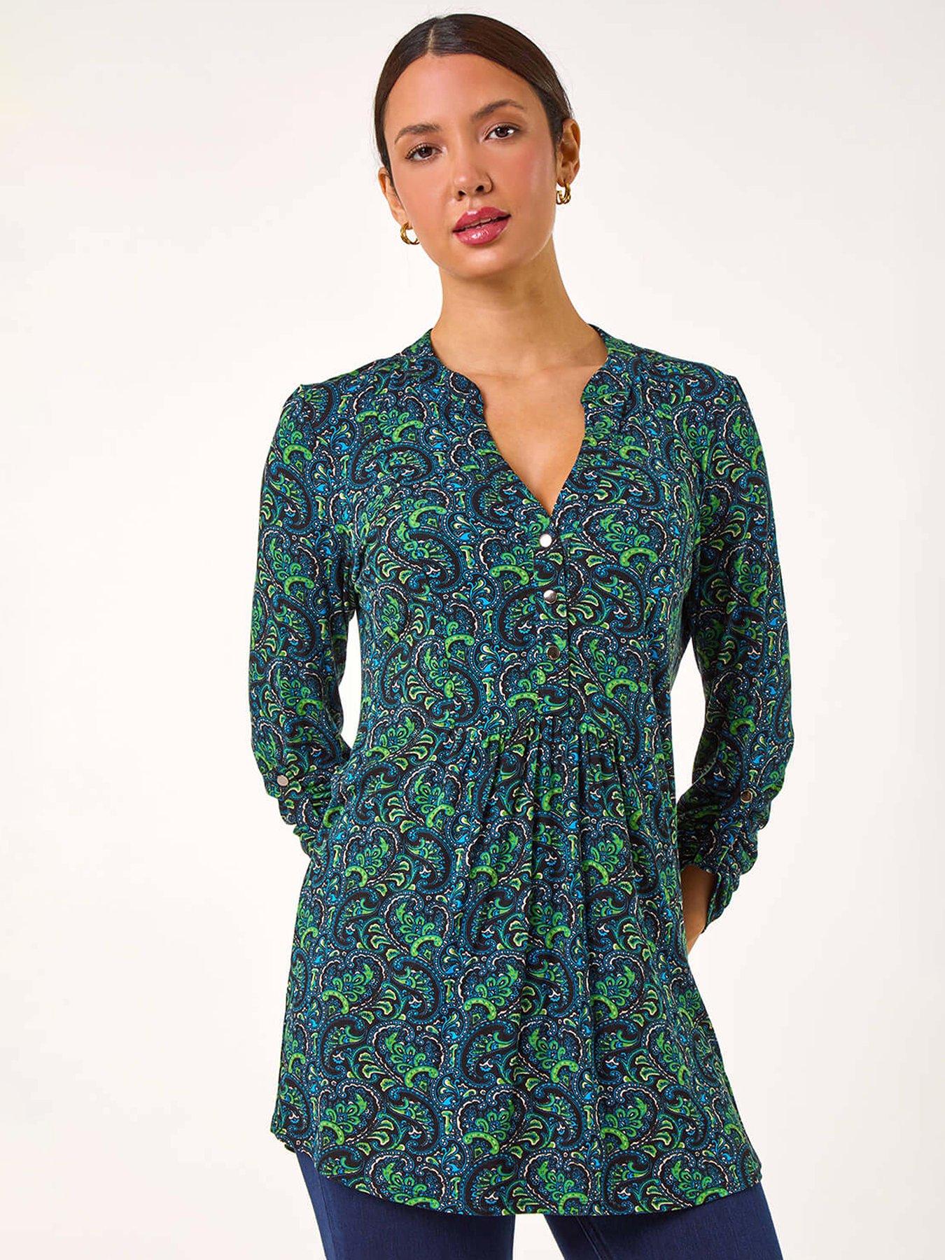 roman-paisley-print-v-neck-tunic-stretch-top-greenfront