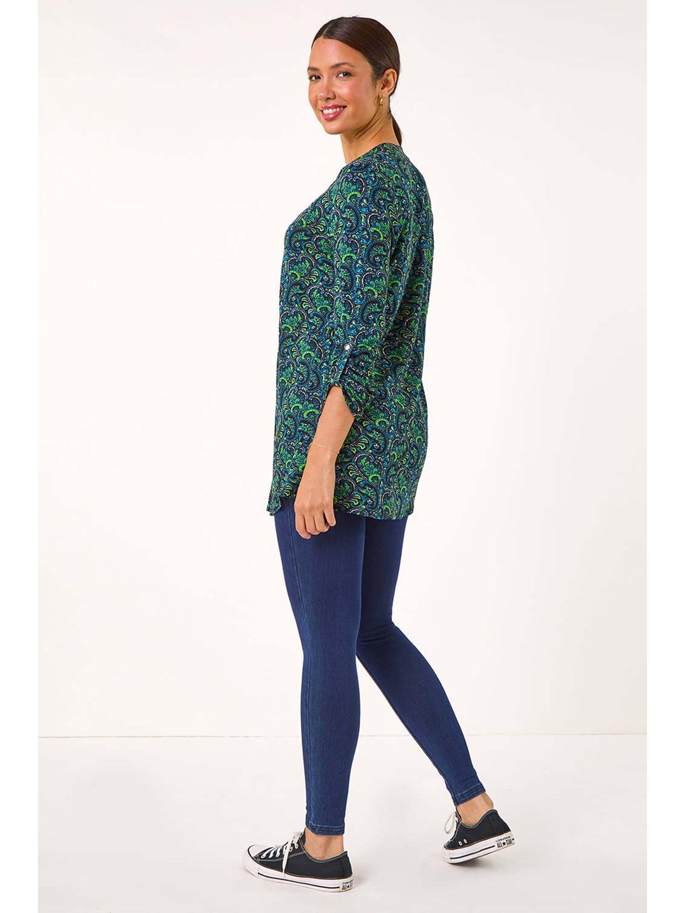 roman-paisley-print-v-neck-tunic-stretch-top-greenstillFront