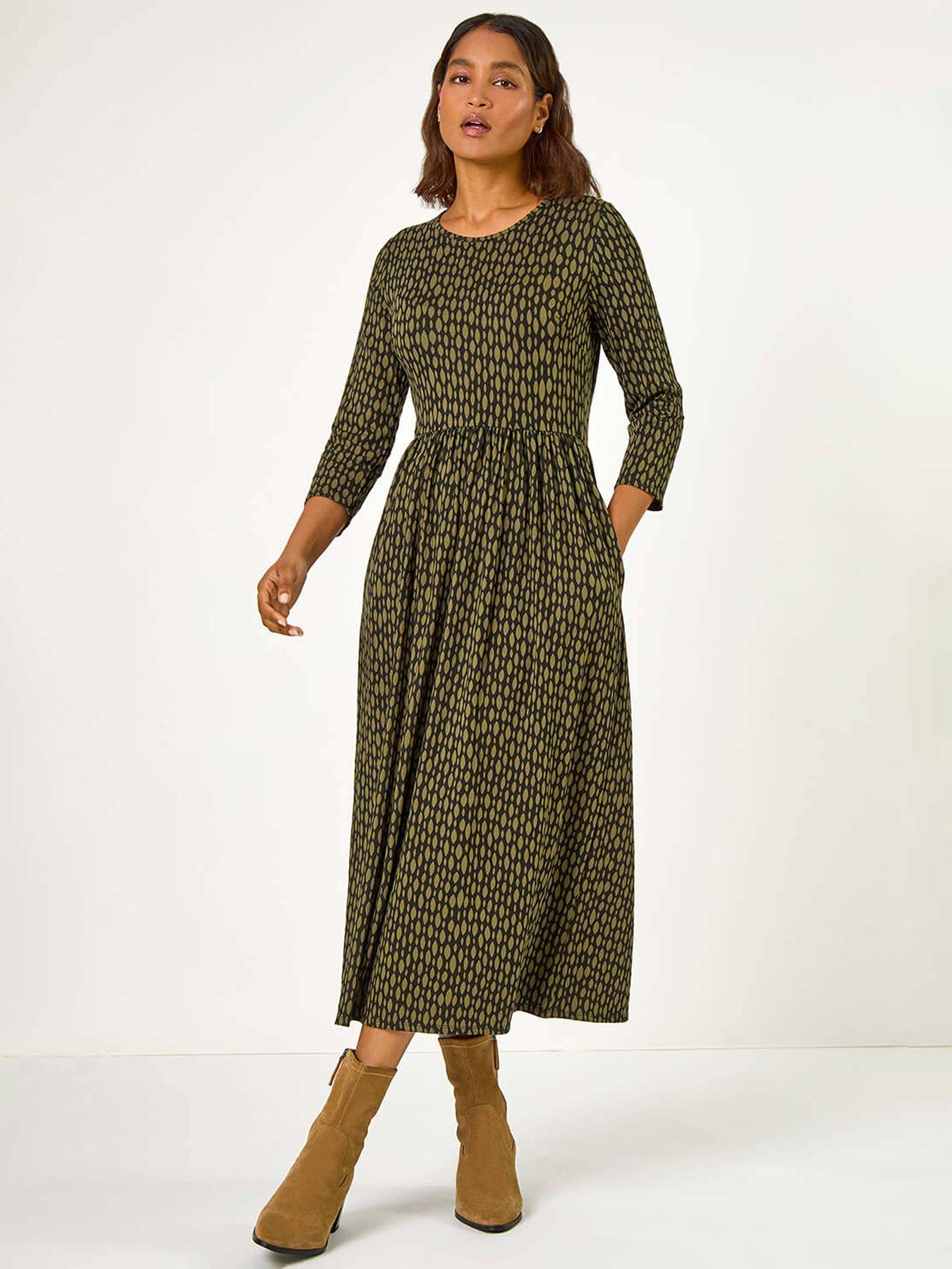 Roman Geometric Pocket Stretch Midi Dress - Khaki