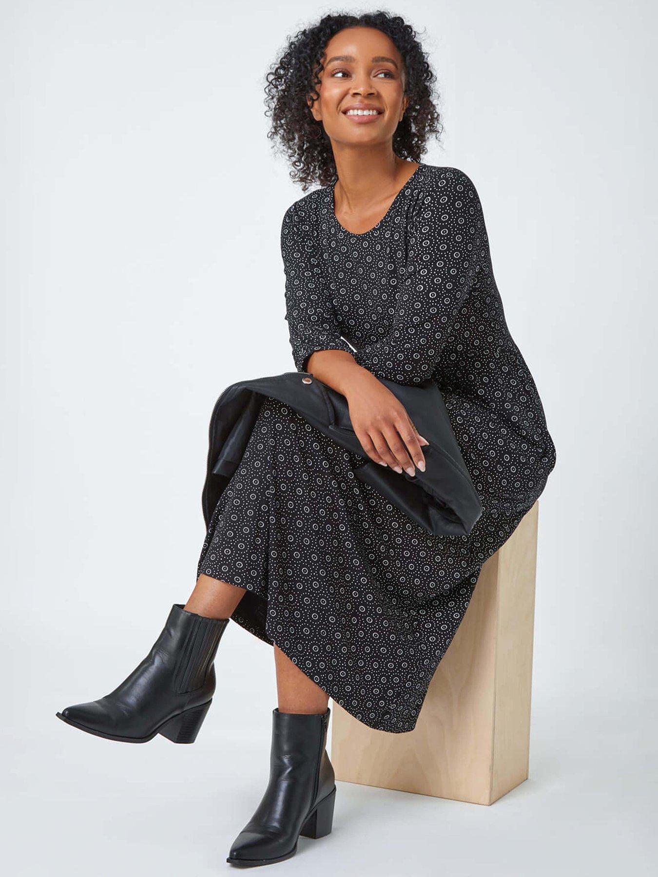 roman-petite-spot-pocket-stretch-ruched-midi-dress-black