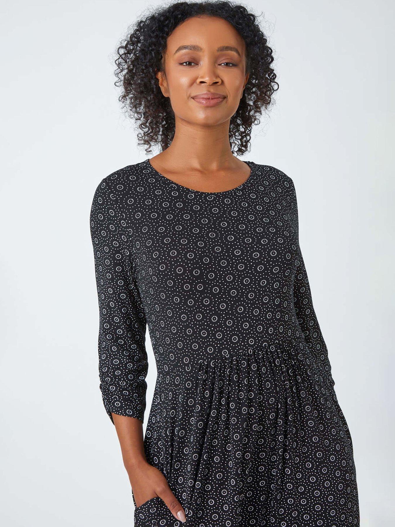 roman-petite-spot-pocket-stretch-ruched-midi-dress-blackoutfit