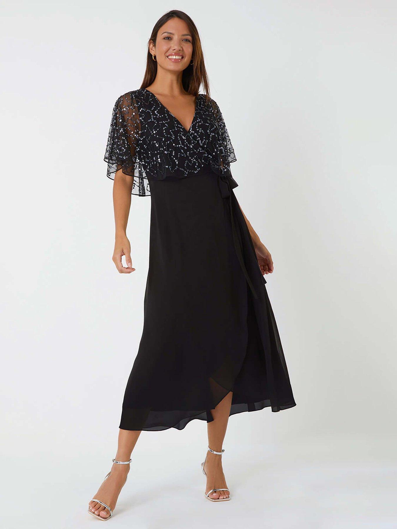 Roman Sequin Embellished Chiffon Wrap Maxi Dress - Black
