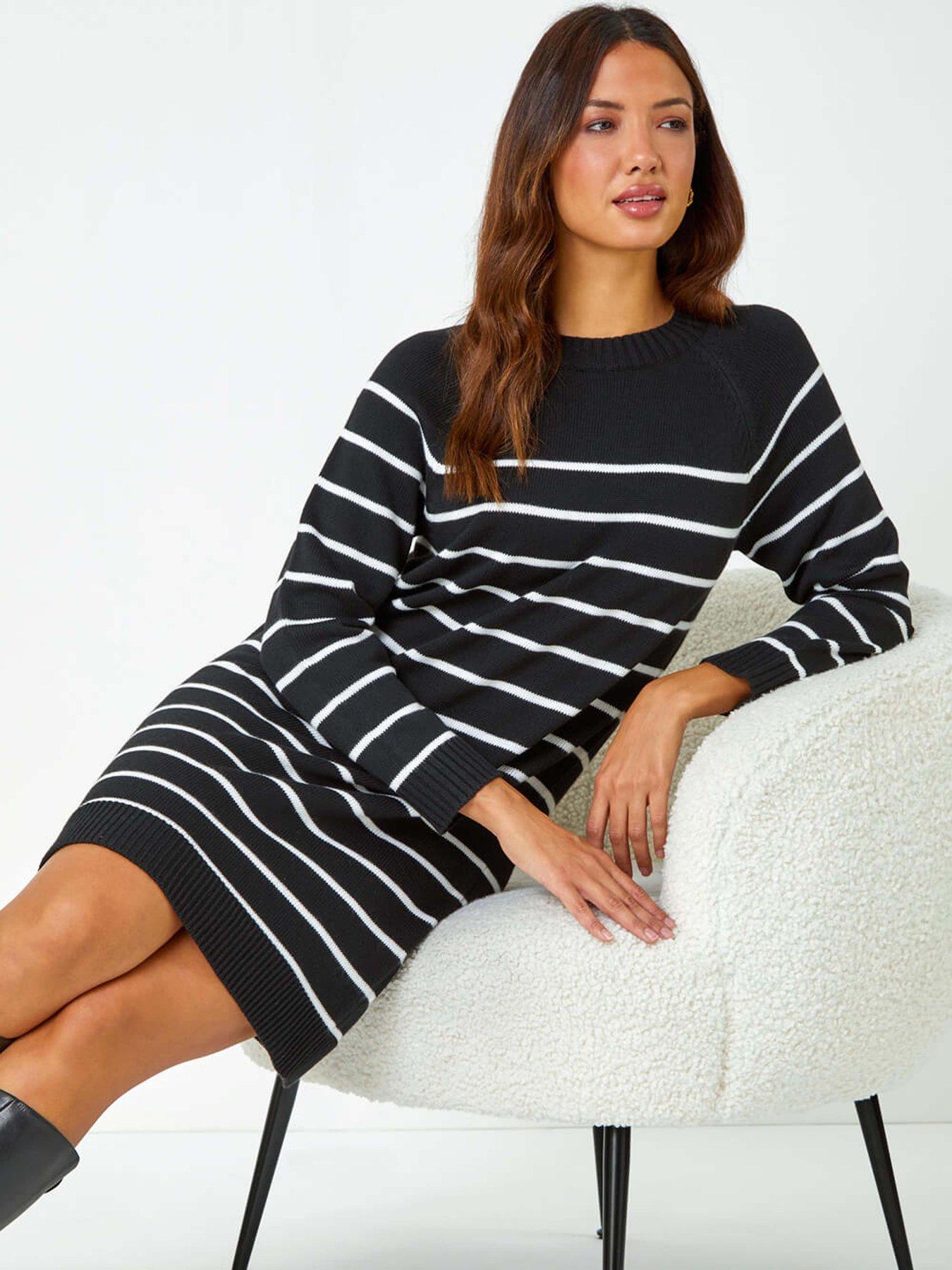 roman-stripe-print-knitted-jumper-dress-blackoutfit