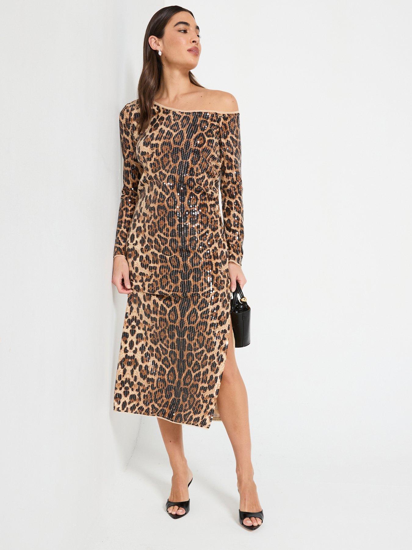 Image 1 of 6 of River Island Off Shoulder Midi Dress - Brown