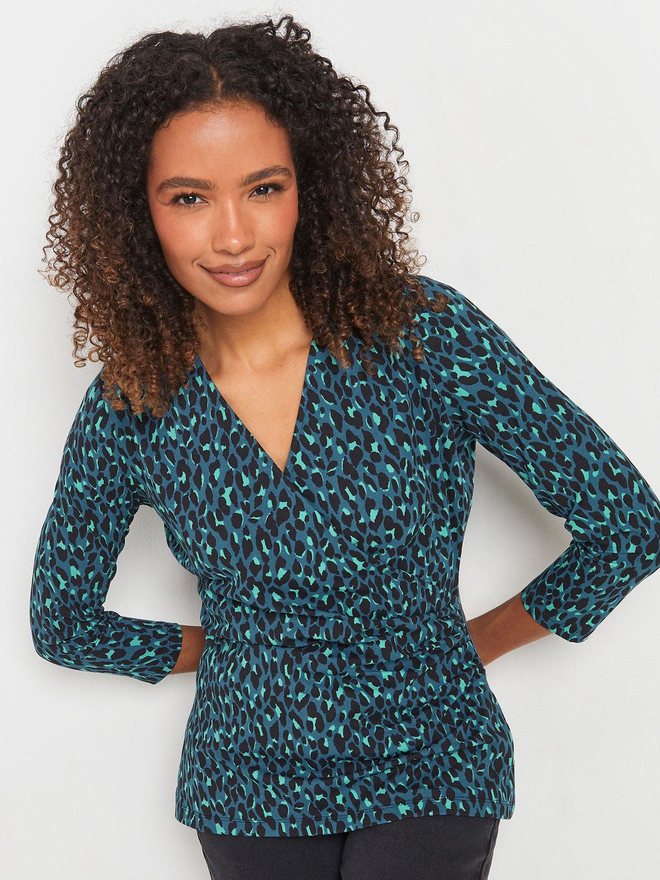 mco-animal-print-34-sleeve-wrap-top-blue