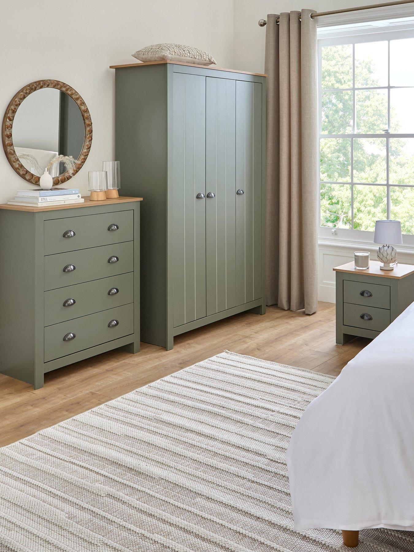 Image 1 of 7 of The Very Collection Atlanta 3 Piece Bedroom Furniture Set- 3 Door Wardrobe, 4 Drawer Chest and 2 Drawer Bedside Table - Green/Oak