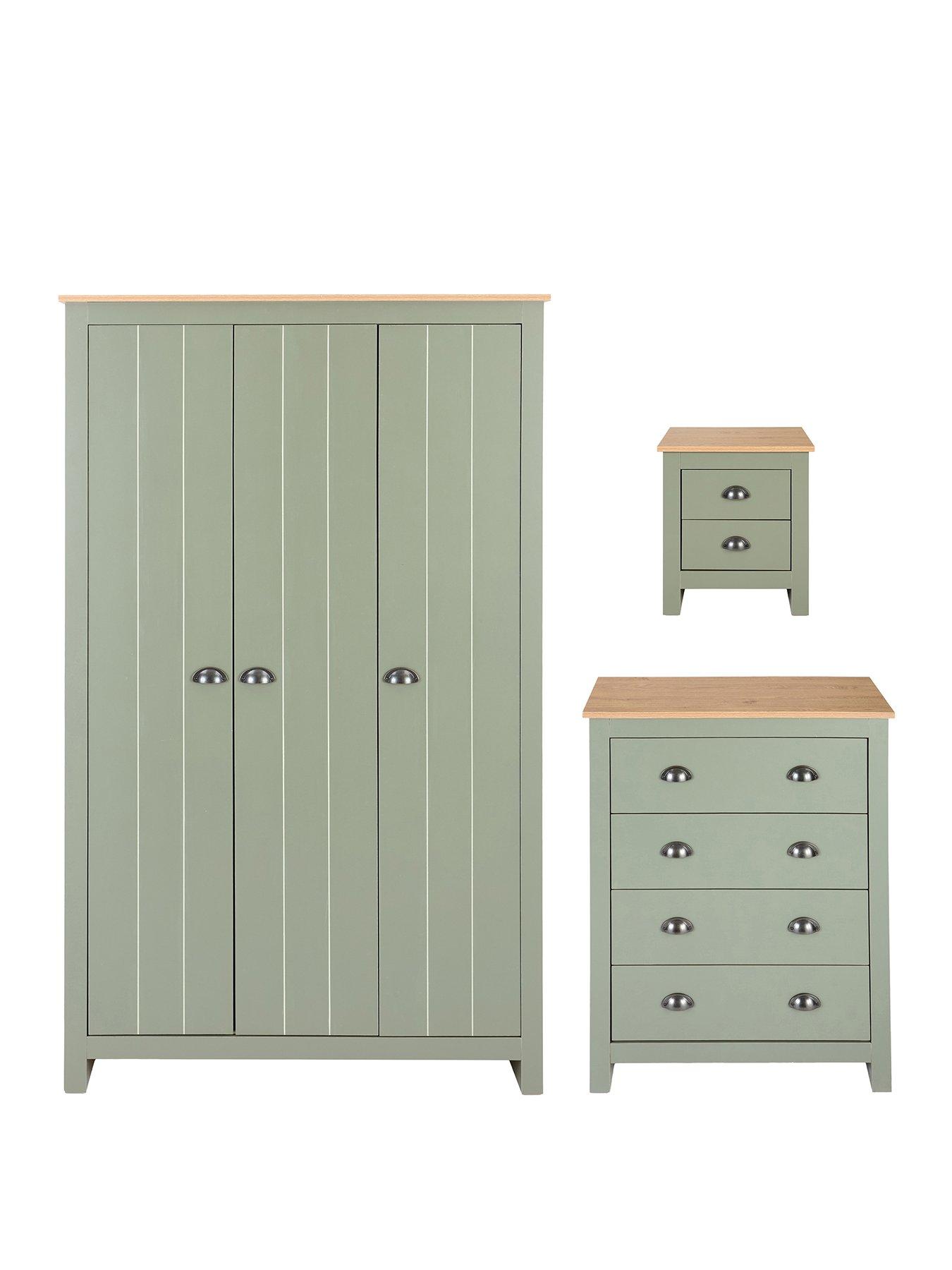Image 2 of 7 of The Very Collection Atlanta 3 Piece Bedroom Furniture Set- 3 Door Wardrobe, 4 Drawer Chest and 2 Drawer Bedside Table - Green/Oak