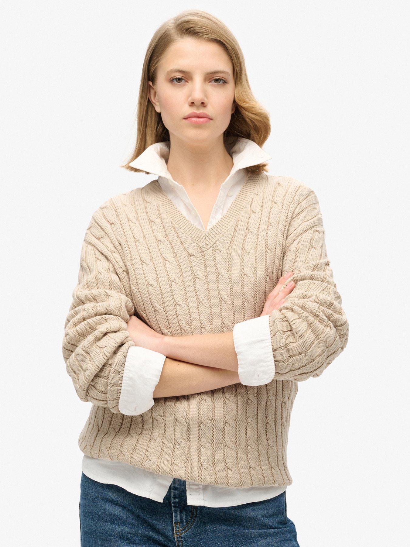 superdry-oversized-v-neck-cable-jumper-beige