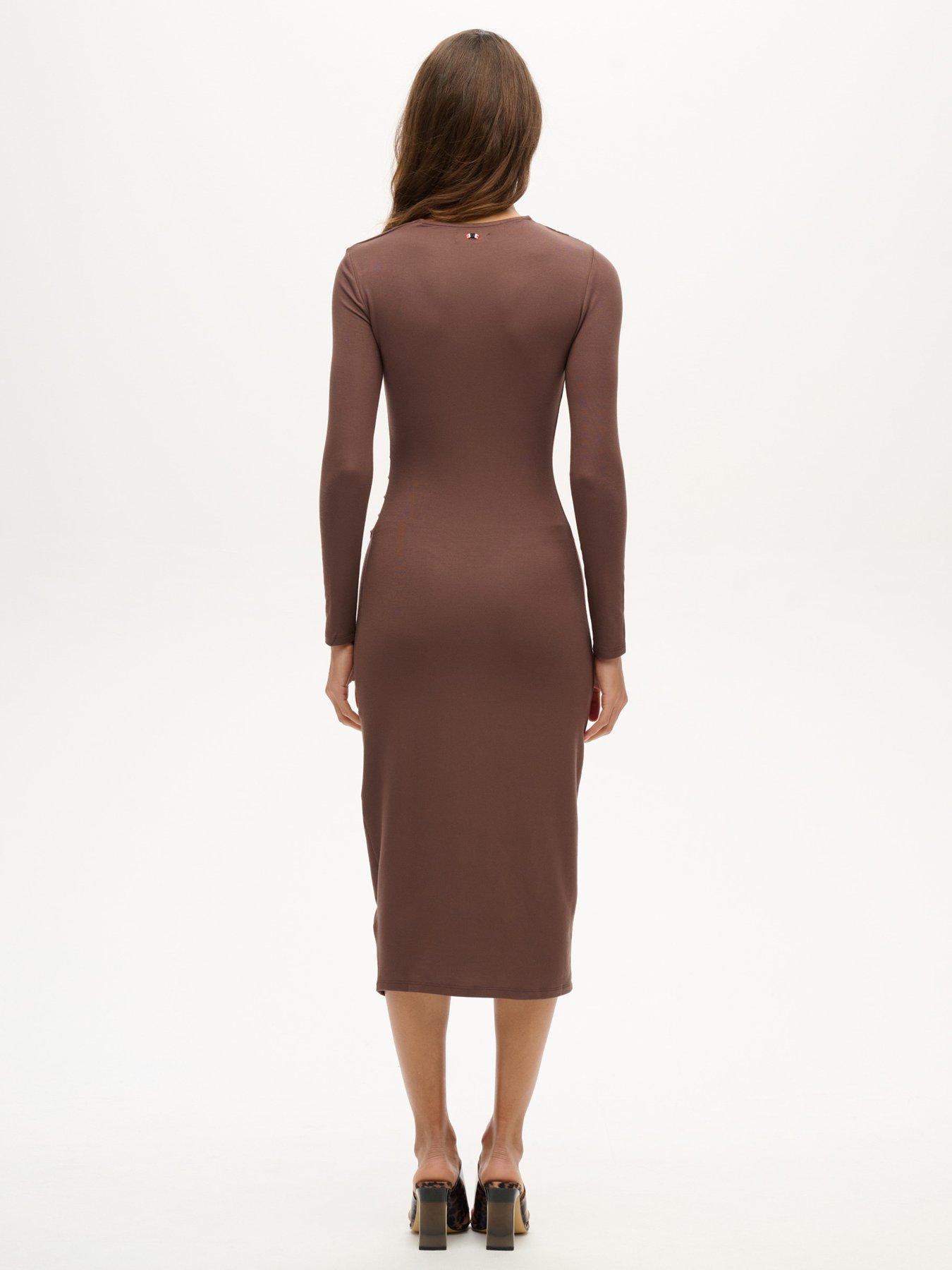 superdry-long-sleeve-ruched-midi-dress-brownstillFront